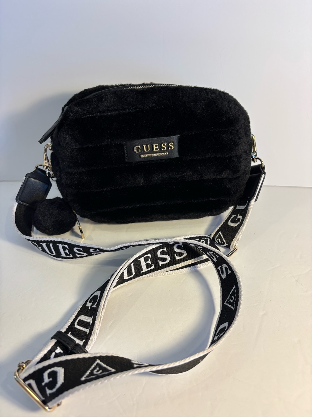 GUESS Black Fuzzy Crossbody with Branded Webbing Strap